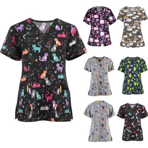 Women Short Sleeve V-neck Working Uniform Cartoon Cats Personalized Printing Daily Shirt Top Working Uniform T-Shirt Carer Top