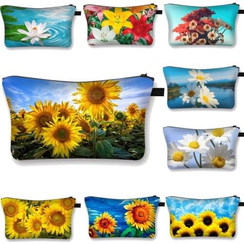Daisy Sunflower Print Cosmetic Bag Waterproof MakeUp Bag Fashion Yellow Sunflowers Cosmetic Case Girls Travel Make Up Bags Gift