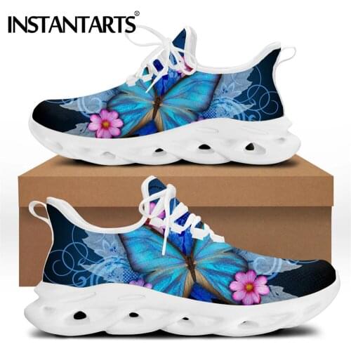 INSTANTARTS Blue Butterfly Animal Brand Design Lace-up Sneakers Women Flat Shoes Fashion Female Light Footwear Outdoot Lady Shoe