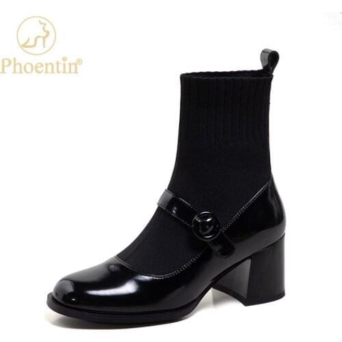 Phoentin Womens Retro Knitted patchwork Ankle boots 2021 Autumn Winter new short boot high heels Genunine leather shoes FT1646