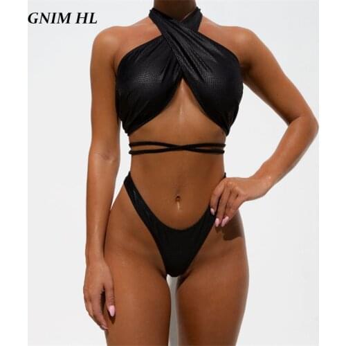 GNIM Bandage Brazilian Swimsuit Women Two Pieces PU Leather Bikini Mujer 2020 Sexy Thong Swimwear Black Backless Bathing Suit