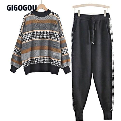 GIGOGOU Houndstooth Knit 2 Piece Set Tracksuits Fall Winter Oversized Women Sweater + Carrot Harem Pants Color Block Sportsuit