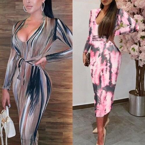 2021 Printed Round Neck Slim Fit Lace-up Buttocks Sexy Temperament Thin Dress