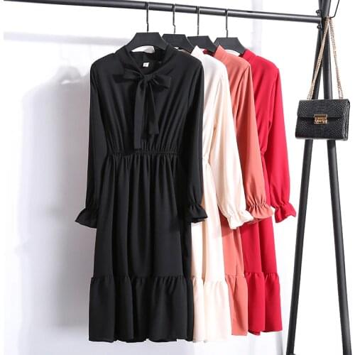 2019 New Spring Autumn Solid High Waist Long Sleeve Dresses With Bow Casual A-Line Dresses Fashion Women Chiffon Dresses