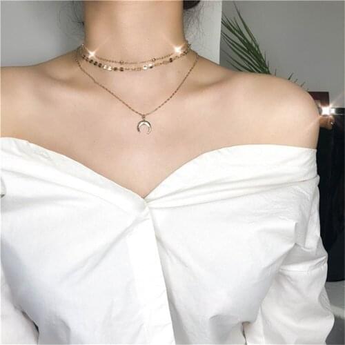 Fashion Vintage Gold Round Sequined Horn Pendant Necklace For Women Female Boho Collar Multilevel Chain Jewelry Gift Wholesale