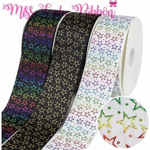 3"75mm Rainbow&Gold Hologram Foil Shiny Star Printed Solid Grosgrain Ribbon DIY Gift Bowknots Hair Band Making 50yards/roll