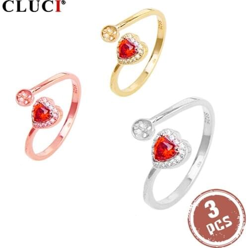 CLUCI 3pcs 925 Sterling Silver Women Heart Pearl Ring Mounting Silver 925 Adjustable Zircon Heart Rings Fine Jewelry SR2190SB