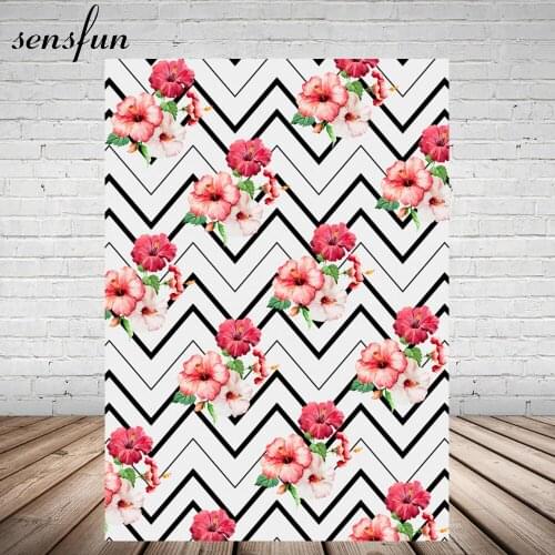 7x5FT Black Wave Striped White Photography Backgrounds For Photo Studio Pink Flowers Backdrop Photocall