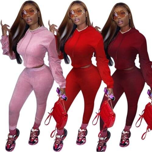 81Y8035 Autumn Winter Women Casual Sports Solid with Hood Velvet Two Piece Set Top and Pants Tracksuit Sweatsuit Outfits Joggers