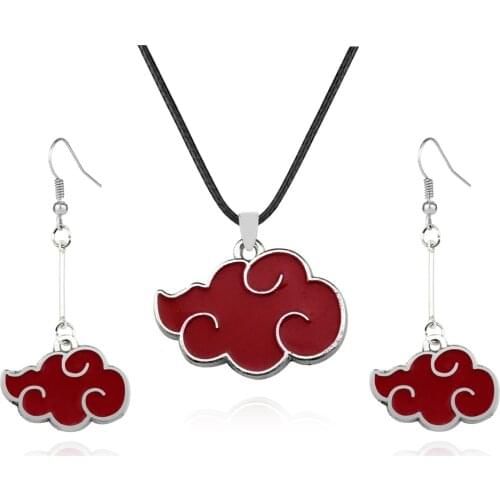 Anime Cosplay Jewelry Akatsuki Organization Enamel Red Cloud Drop Earrings and Pendant Necklace Set for Women Men Accessories