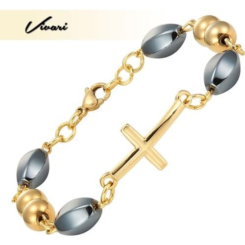 Vivari Stainless Steel Gold Cross Bracelet with High Polished Hematite Beads for Ladies Charms Fashion Jewelry