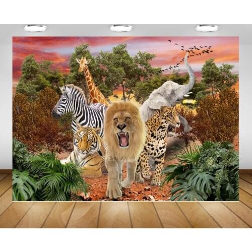 Cartoon Animal World Children Birthday Photography Backdrop Jungle Forest Animals Sunset Background Lion Tiger Zebra Leopard