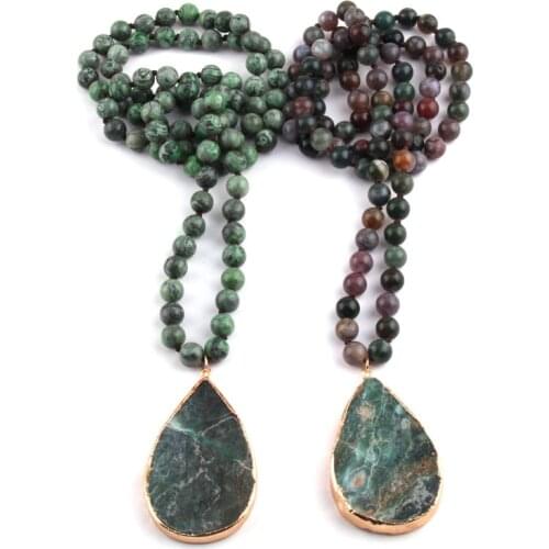 MOODPC Fashion 8mm India Agat Natural Stone Knotted with Drop Stone Pendant Handmade Necklace Women Jewelry