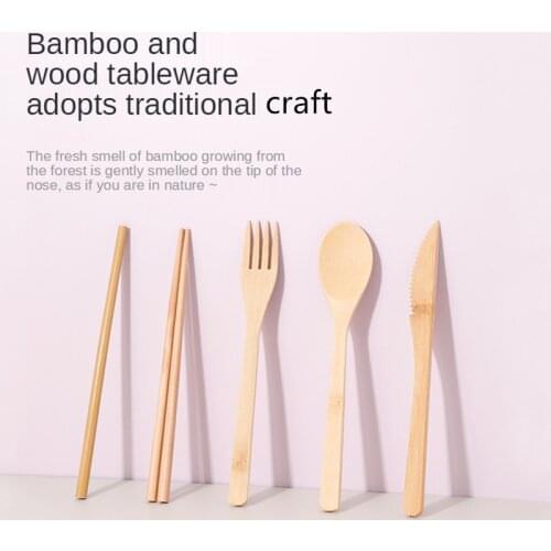 Portable Bamboo Tableware Set 6-pieces Simple Style Cutlery, Knife Fork Spoon, Chopsticks, Straws,Brush For Household Outdoor
