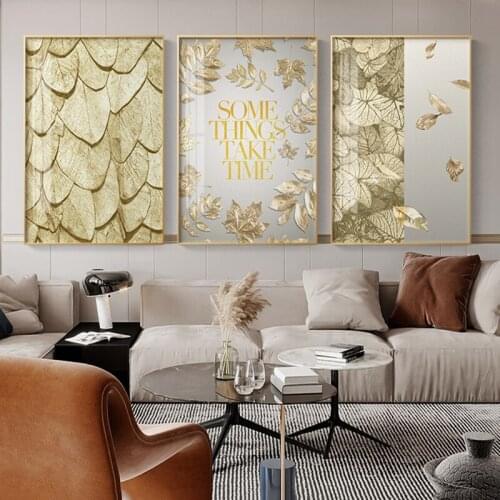 Nordic Modern Wall Art Canvas Painting Golden Rich Tree Leaf Flowers Posters and Prints Wall Pictures for Living Room Decoration