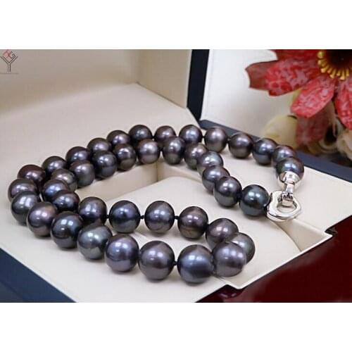 Wedding Women Jewelry Necklace 12mm Bright black gray brown color Pearl Choker Necklace Heart Clasp AA Natural Freshwater Pearl
