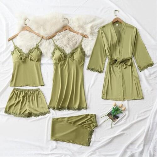 Sleepwear 5PCS Pajamas Set Lady Pijamas Lace Patchwork Nighty&Robe Suit Intimate Lingerie Sexy Strap Top&Shorts Loose Home Wear