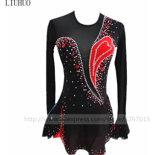 Figure Skating Dress Womens Girls' Ice Skating Dress Red and black collocation Round collar long sleeved style Fine drill