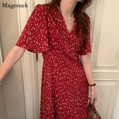 Summer Print Chiffon Dress Women Elegant Vintage V Neck Maxi Red Party Dress 2021 A-line High Waist Female Dresses Vestido 15340