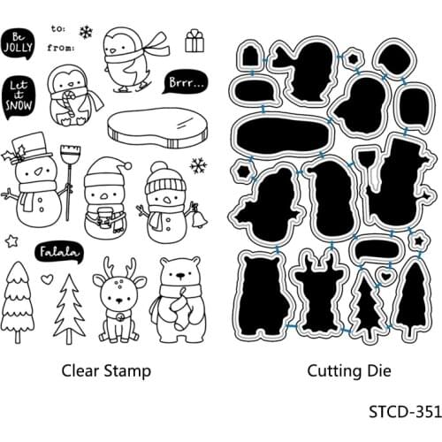 AZSG Winter Lovely Penguin Snowman Bear Cutting Dies Clear Stamps For DIY Scrapbooking/Album Decorative Silicone Stamp Crafts