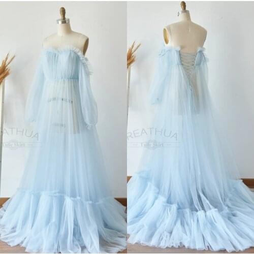Light Blue Tulle Maternity Gowns For Photoshoot Off the Shoulder Maternity Dresses Photography Pregnancy Women Long Dress
