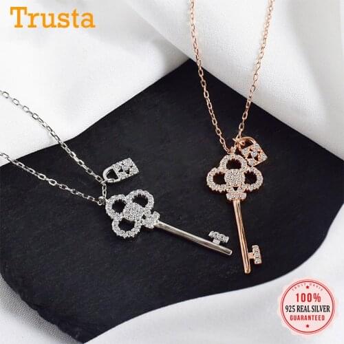 TrustDavis Genuine 925 Sterling Silver Fashion Key Lock CZ Pendant Choker Necklace For Women Wedding Party Fine Jewelry DS1009