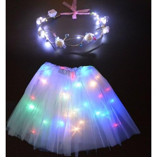 Girl Women Children Adult Light Up Clothes Fancy DressTulle Tutu LED Skirt Flower Wreath Set Party Led Dance Wear Birthday Gift