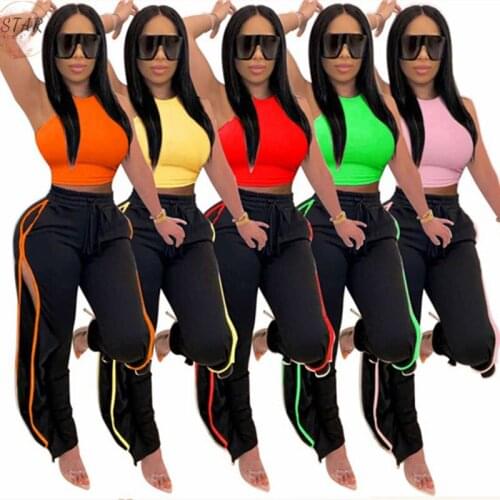 Pants Sets Two Piece Set Women Solid Sleeveless T Shirt Crop Top Baggy Hollow Out Cargo Pants Tracksuit Wholesale Dropshpping