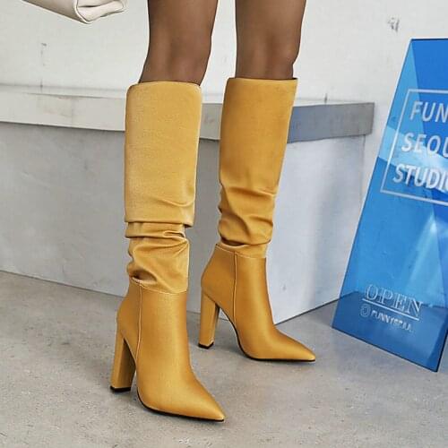 2021 New Autumn Winter Big Size Women Boots Fashion Slip On Pleated Knee High Boots Ladies Square High Heel Long Boots