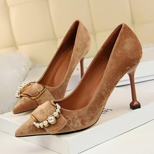 Koovan Womens Suede Pumps 2020 Fashion High-heeled Suede Pointed Sexy Metal Pearl Belt Buckle Single Shoes For Women