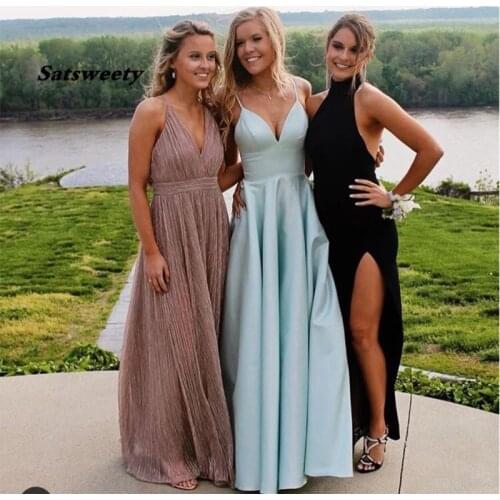 Spaghetti Straps Vestidos De Graduacion Simple Sky Blue V-neck Satin Vestido Formatura Long Evening Party Formal Prom Dresses