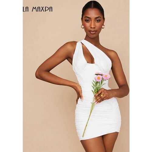2021 Summer Womens New Sexy Sleeveless One Shoulder Hollow White Bodycon Mini Dress Fashion Celebrity Club Party Vestido