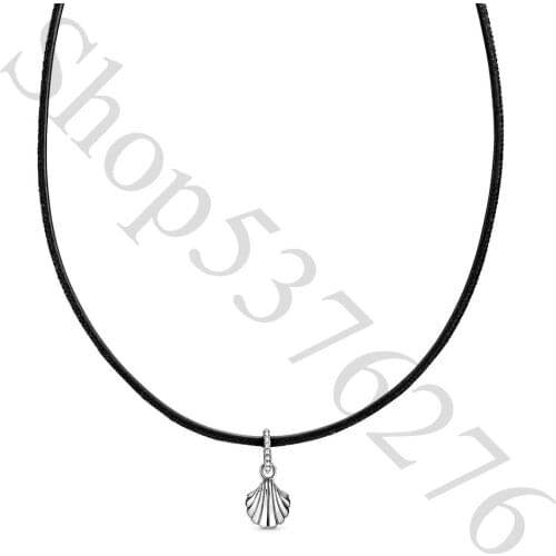 Real 925 Sterling Silver Black Leather Seashell Europe Choker Pendant Necklace Fit Fashion Women Bead Charm Gift DIY Jewelry