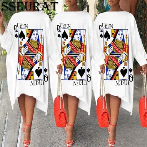 SSEURAT Women Poker Print Loose T-shirt Dress Autumn Streetwear Fashion Long Dresses Vestidos
