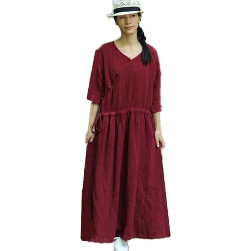 Summer 2020 Spring New Vintage Slant Frog Buttons Dress Women Cotton Linen Solid Dress Big Size 5xl 6xl Long Loose Robe Dresses