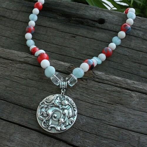 12mm Red Ceramics With Color Stones Beads Ethnic Long Necklace, Viking Apron Dress Brooch Chain Necklace Jewelry For Charm Women