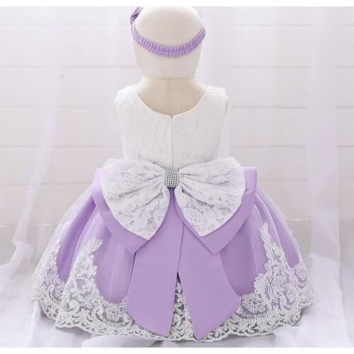 2Pcs Handband + Dress Beads Flower Infant Baby Girl Dress Lace Big Bow Baptism Dresses for Girls First Year Birthday Dresses