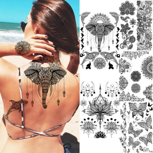 3D Henna Elephant Whale Temporary Tattoos For Women Adult Lotus Butterfly Fake Jewels Tattoo Waterproof Body Art Tatoos Decal