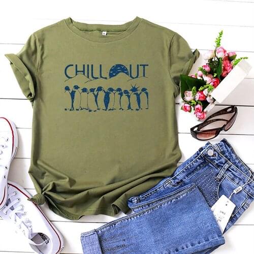 Chillout Women T Shirts Cute Penguin Pattern T-shirt Loose Round Neck Camiseta Mujer Animal Graphics Cotton Tee Shirt Femme Tops