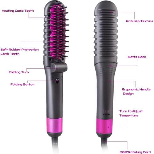 Hair Straightener Combs Dual Voltage Fold Ionic Electric Hair Care Comb PTC Heat Ceramic Beard Straightener Brush