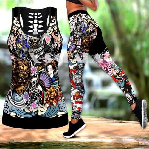 Samurai Tattoo Art Legings Two Piece Yoga Set Women 3D Print Vest Hollow Out Tank Top High Waist Legging Summer Casual Sport