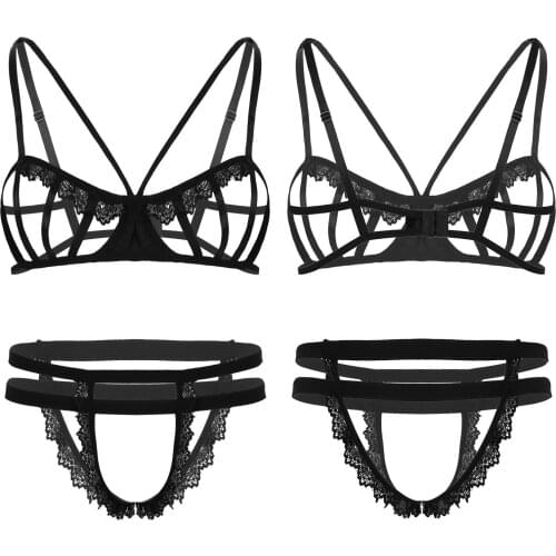 Mens Exotic Lingerie Set Hollow Out Balconet Sissy Bra Top with Open Crotch Harness Briefs Crotchless Underwear Sexy Sleepwear