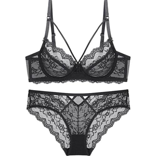 Bra Set for Women Transparent Plus Size Ultrathin Lace Brassiere and Panties Female Hollow Out Lingerie Underwear Set 38 A B C D