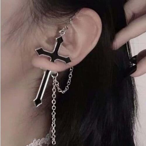 Cross Chain Earrings for Women Men Black Korean Hip Hop Rock Punk Goth Emo Edgy Sword Earrings for Teen Egirl Eboy Jewelry Gift