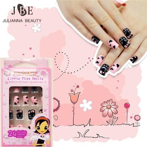 24pcs/box Fake Nails Kids Cat Pink False Nail Tips Cartoon Short Fake Cute Nails Art Women Children Acrylic Cute Animals Pattern