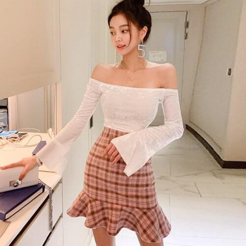 New arrival fashion spring set women OL sweet young temperament flare sleeve bouncy top and ruffle mini skirt two piece set