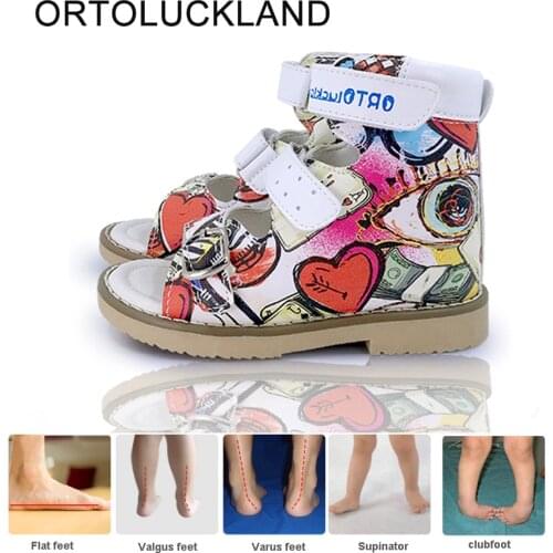 Ortoluckland Girls Red Flatfeet Sandals Rigid Orthopedic Leather Shoes For Children Buckle Strap Arch Support Footwear