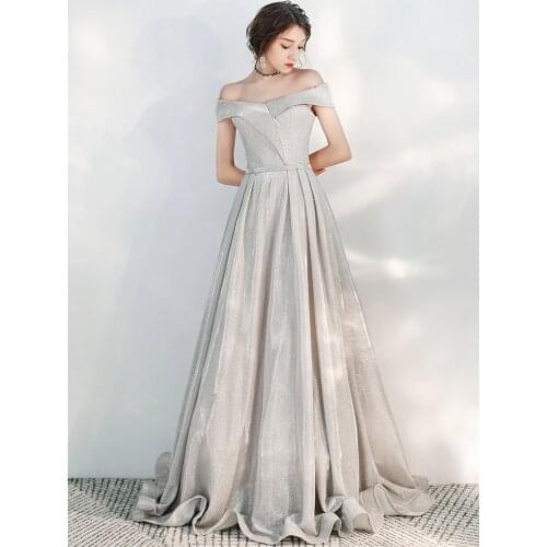2020 New The Noble Boat Neck Formal Evening Dresses Robe De Soiree Fashion Sequin Off The Shoulder Banquet Prom Gown Host Dress