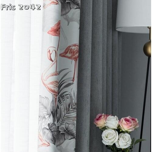 Simple and Modern Nordic Style Flamingo Stitching Curtains Meteor Hemp Blackout Curtains for Living Dining Room Bedroom