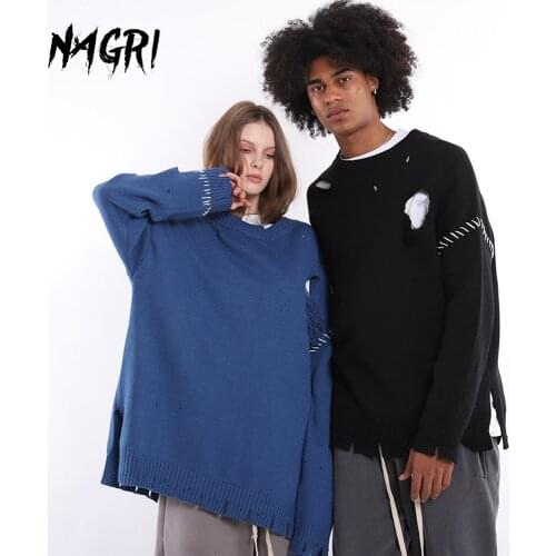 Autumn Winter Sweater Men Hip Hop Streetwear Long Sleeve Pullovers Casual Sweaters Ripped Hole O-Neck Knitted Oversized Top